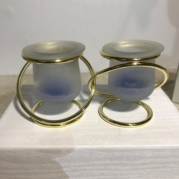 Pair Of PartyLite Gemini Frosted Glass Votive Holders Gold Rings Like New withBo - Picture 4 of 12